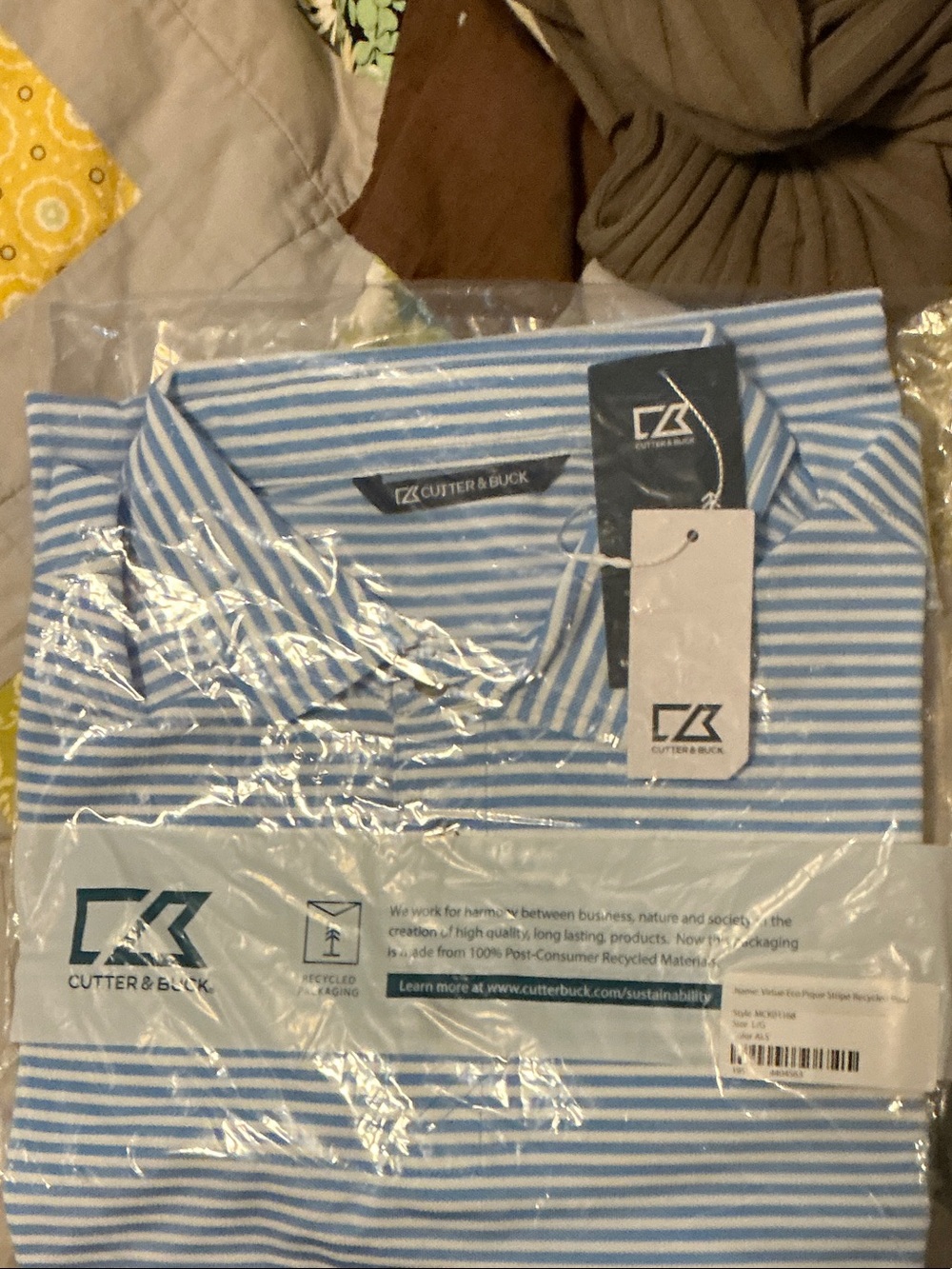 Cutter & Buck Light Blue and White Striped Polo Shirt